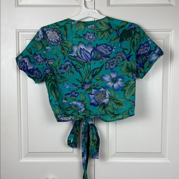 L'Academie Teal and Blue Floral Crop Tie Waist Blouse - L - Picture 8 of 8
